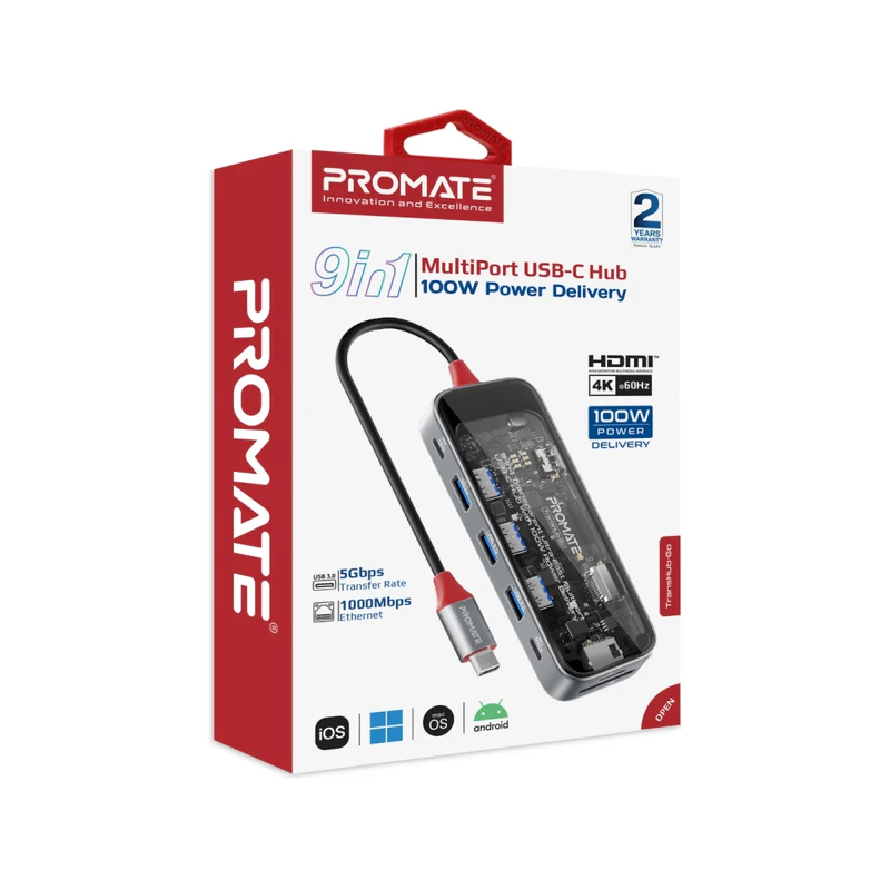 Promate TransHub-Go USB-C™ Hub 9-in-1 Multi-Display Media Hub 4K@60Hz Promate TransHub-Go USB-C™ Hub 9-in-1 Multi-Display Media Hub 4K@60Hz